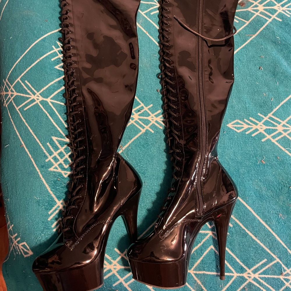 Pleaser Thigh High Vegan Pat. Leather Thigh High Lace Up Stiletto Platform Boots